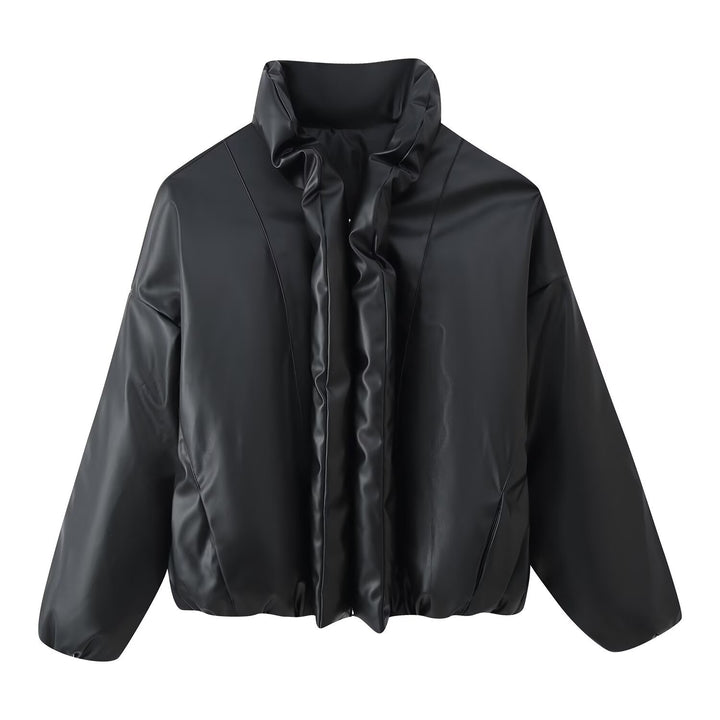 Women Oversized Faux Leather Blouson with Voluminous Stand Collar and Elastic Hem Mune Fashion