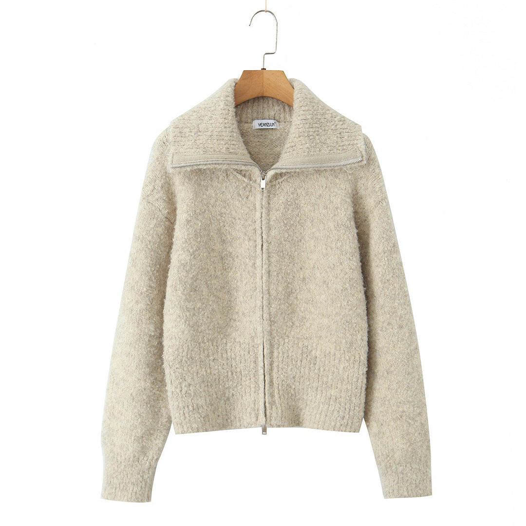 Women's short zippered cardigan with stand-up collar and ribbed hem Mune Fashion