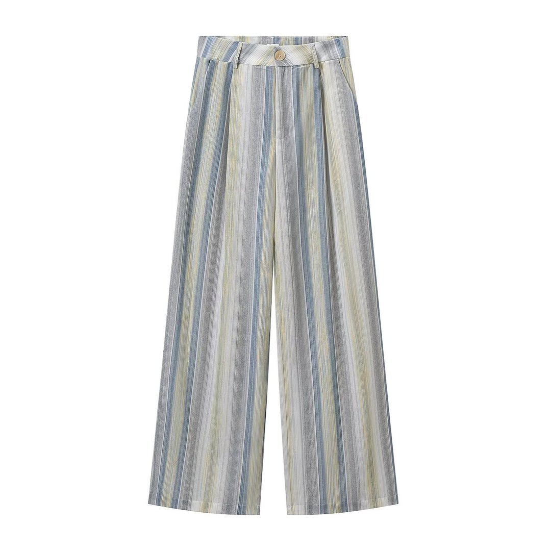 Women's Two-Piece Linen Look Set with Sleeveless Blazer Vest, Waistband and Wide Pleated Trousers Mune Fashion
