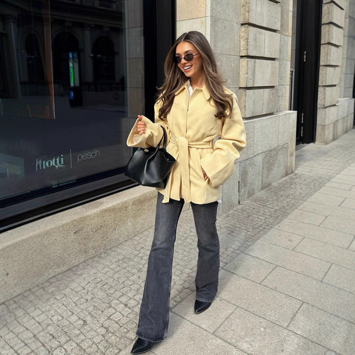 Women Wool Blend Short Jacket with Tying Belt, Boxy Silhouette and Subtle Lapel Mune Fashion
