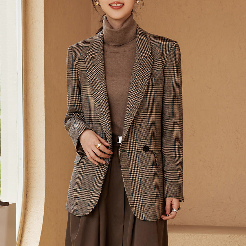Women's Glencheck Oversize Blazer with Structured Shoulder and Patch Pockets Mune Fashion