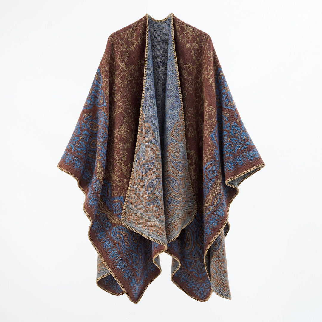Women's overlay poncho in double-face jacquard with paisley inspiration and decorative stitch edge Mune Fashion