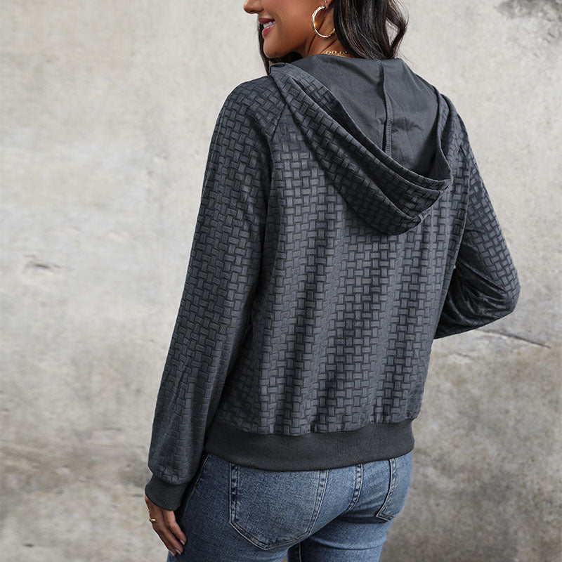 Ladies Textured Hooded Sweater with Button Placket and Pattern Structure Mune Fashion