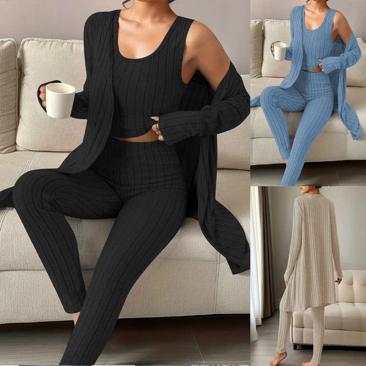 Women's Ribbed Fine Knit Lounge Set with Long Cardigan, Short Top and High-Waisted Leggings Mune Fashion