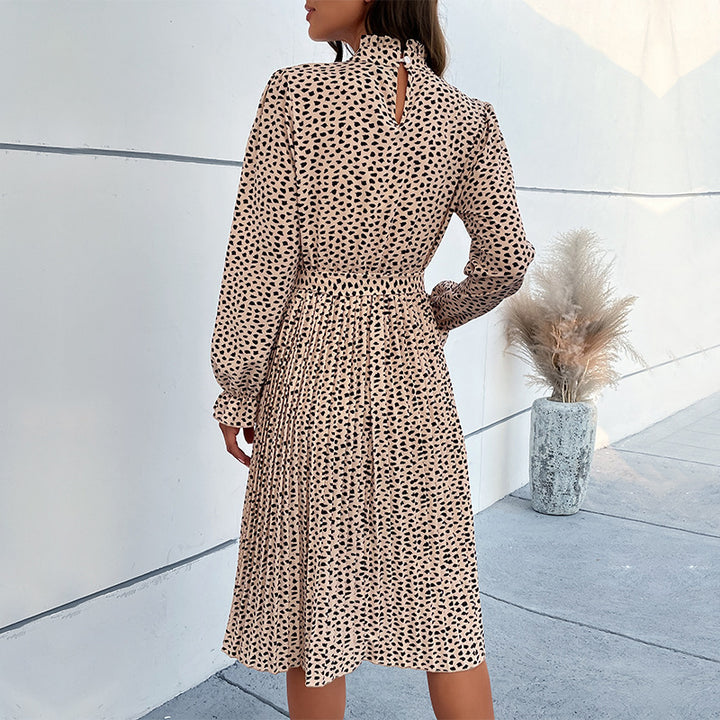 Women's midi dress with stand-up collar, gathered yoke and tie belt Mune Fashion