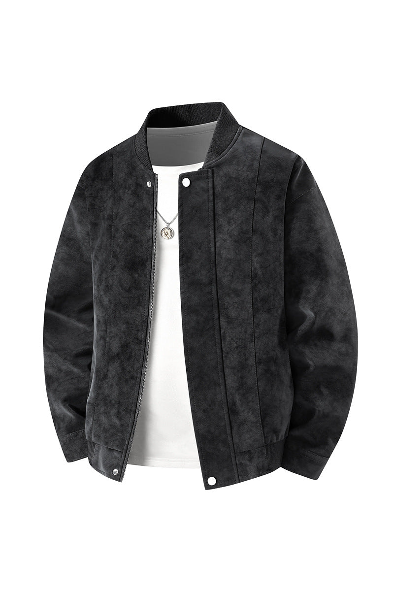 Men's Suede Optic Bomber Jacket with Vertical Quilt Seams and Ribbed Collar Mune Fashion