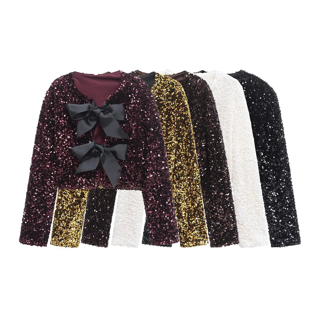 Women's sequin bolero jacket with double bow closure, padded lining and fitted cropped cut Mune Fashion