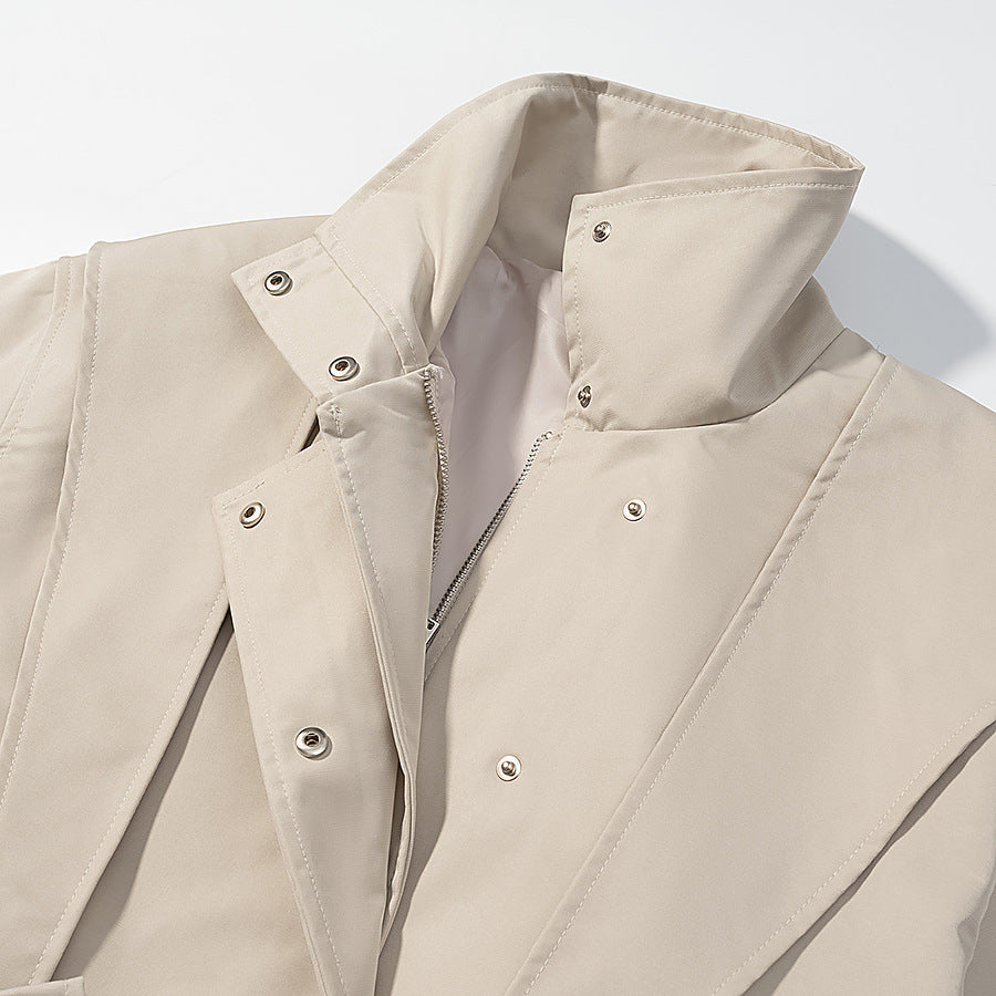 Women's Short Tailored Rain Jacket with Cape Shoulder Detail and Ties Belt Mune Fashion
