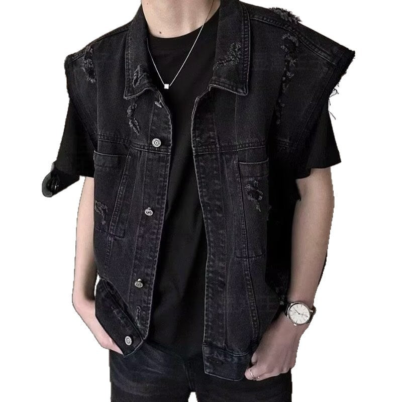 Men's denim vest in vintage used look with destroyed pockets and boxy fit Mune Fashion