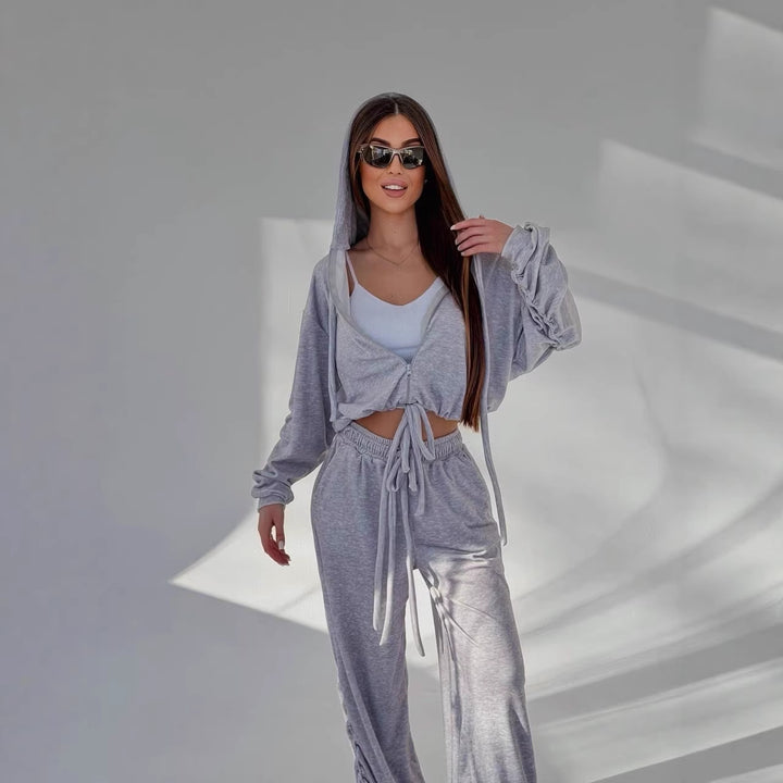 Women's Cropped Hoodie Sweatshirt with Drawstring at Hem and Loose Gathered Lounge Pants Mune Fashion