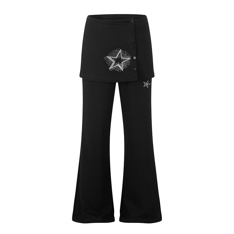 Women's loungewear pants with integrated mini skirt, wide leg, and star rhinestone application Mune Fashion