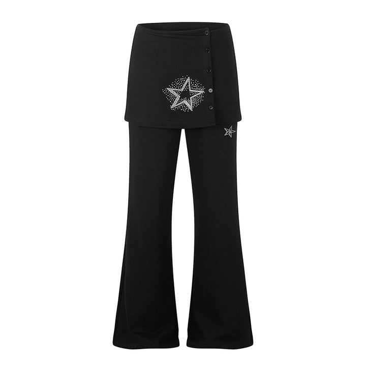 Women's loungewear pants with integrated mini skirt, wide leg, and star rhinestone application Mune Fashion