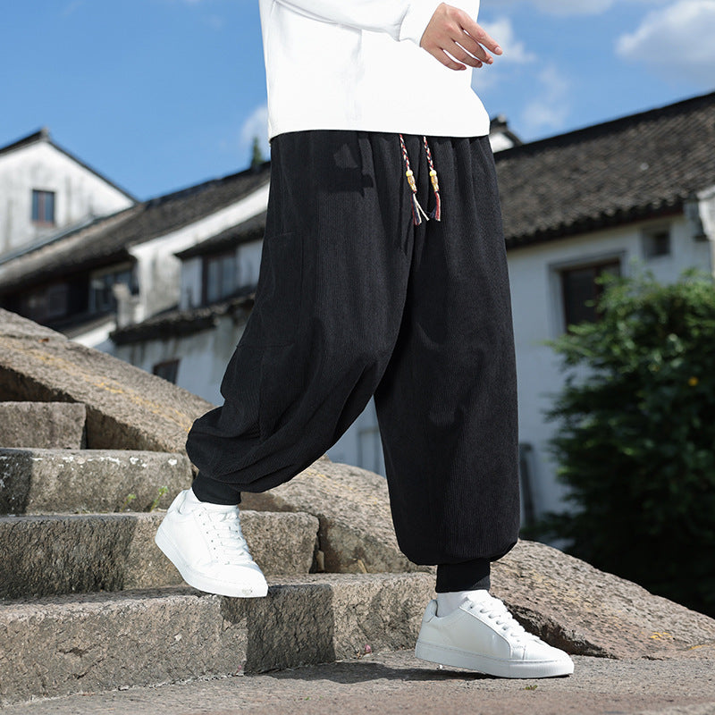 Men's Wide-Fit Harem Jogging Pants made of Fine Cord with Decorative Tassel Drawstring Mune Fashion