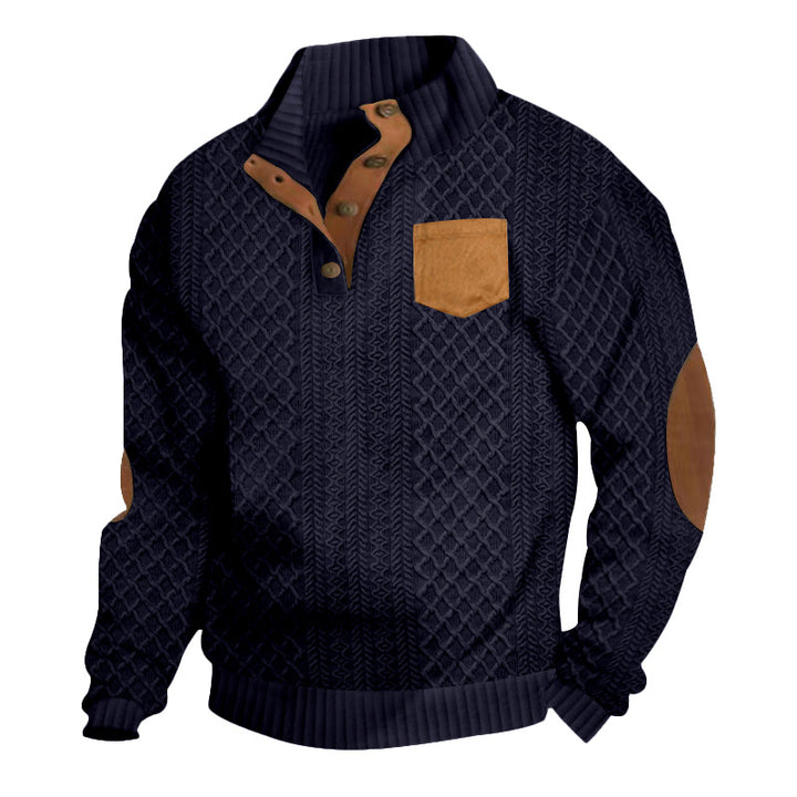 Men's Structured Cable Knit Sweatshirt with Half Button Placket, Faux Leather Patch Pocket & Elbow Patches Mune Fashion