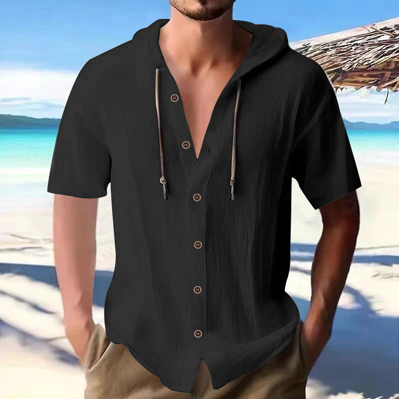 Men's lightweight short-sleeve hooded shirt with button placket and breathable cotton blend Mune Fashion
