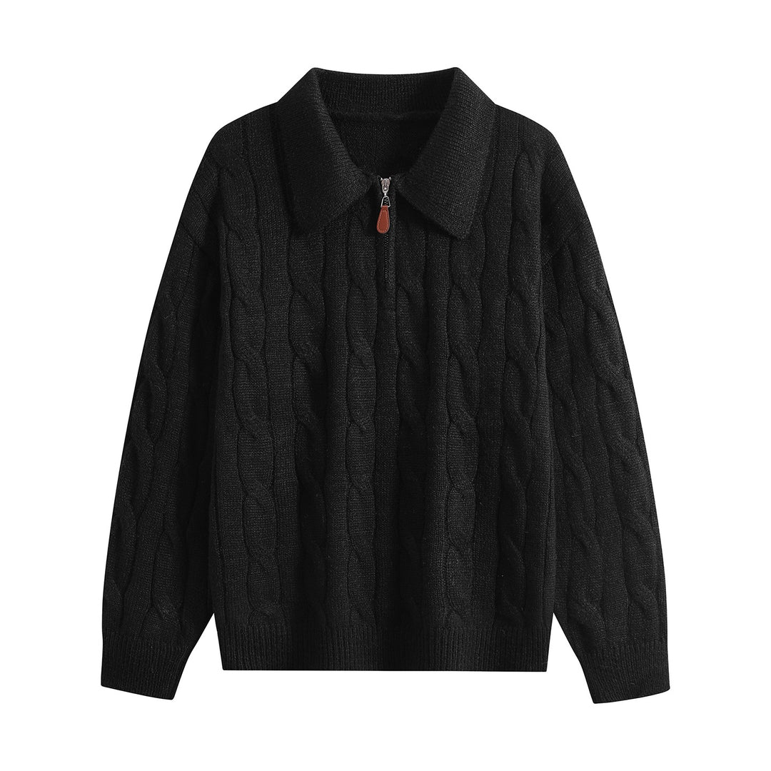 Women's chunky knit turtleneck sweater with half zipper & oversized collar Mune Fashion