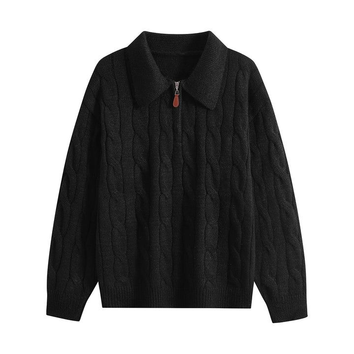 Women's chunky knit turtleneck sweater with half zipper & oversized collar Mune Fashion