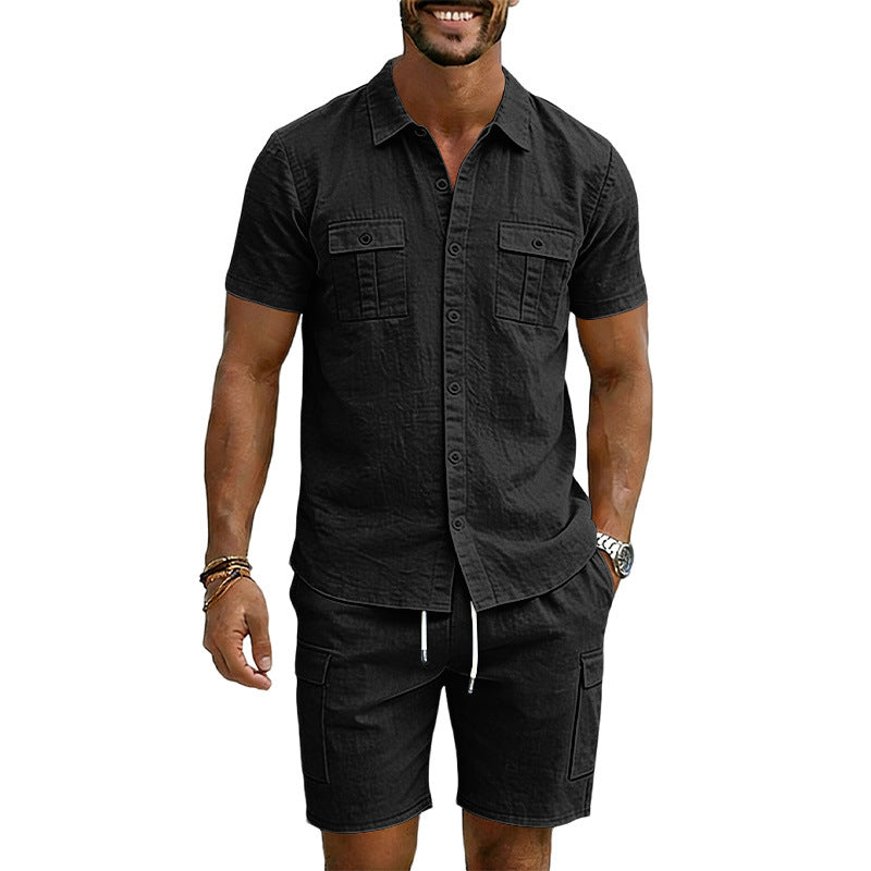 Men's summer short-sleeve shirt and cargo bermuda set made of linen blend with chest pockets and drawstring waistband Mune Fashion