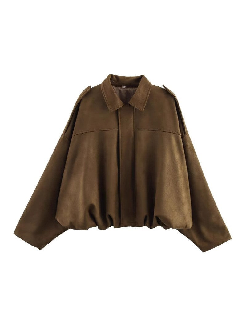 Women's Oversized Suede Blouson with Cropped Hem and Epaulettes Mune Fashion