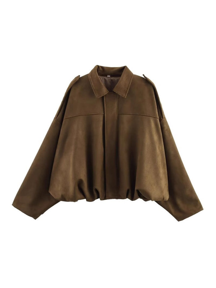 Women's Oversized Suede Blouson with Cropped Hem and Epaulettes Mune Fashion