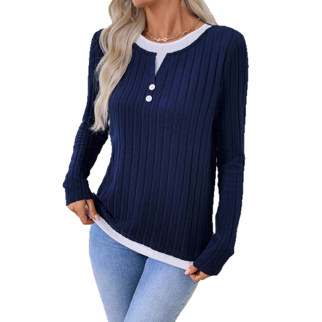 Women's Ribbed Long Sleeve Henley Shirt with Button Placket and Layered Look Mune Fashion