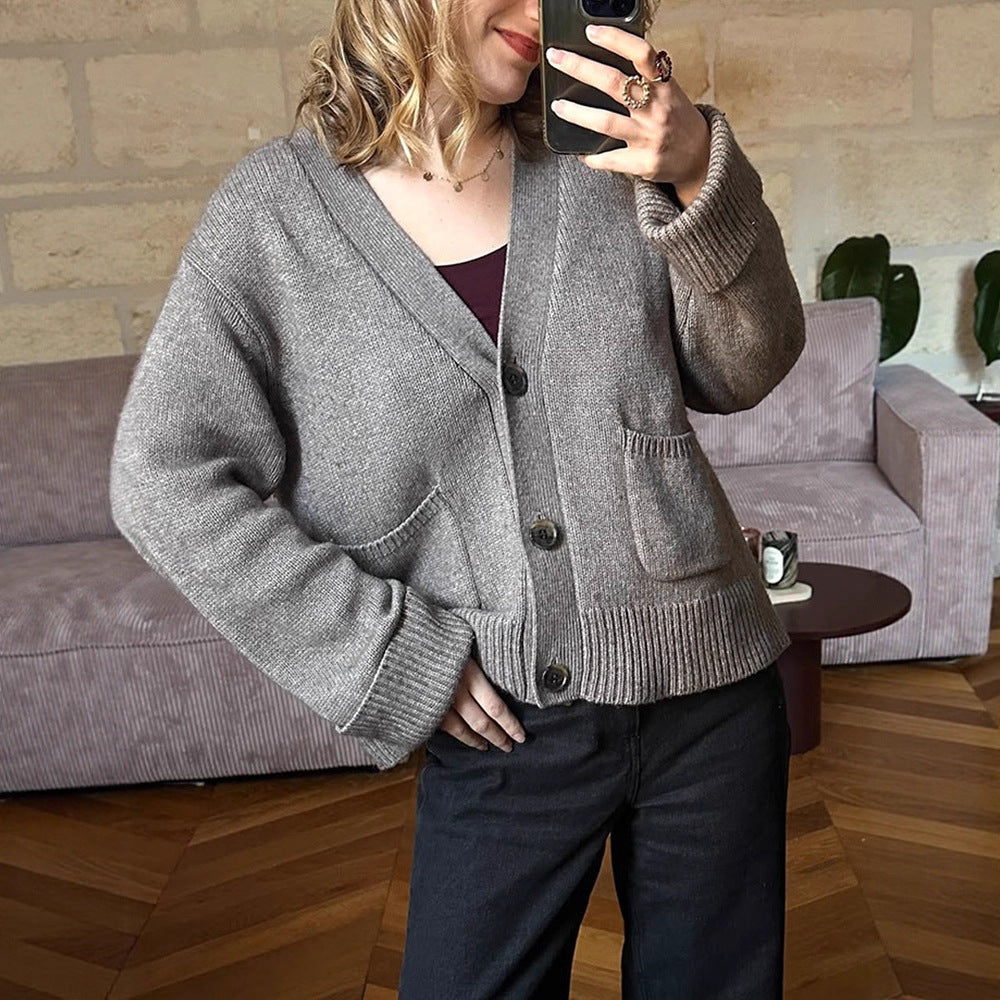 Women's Boxy Cardigan with V-Neck, Patch Pockets, and Horn Buttons Mune Fashion