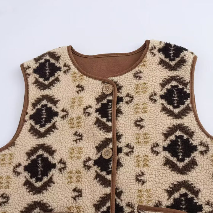 Women's patterned teddy vest in bouclé look with patch pockets Mune Fashion