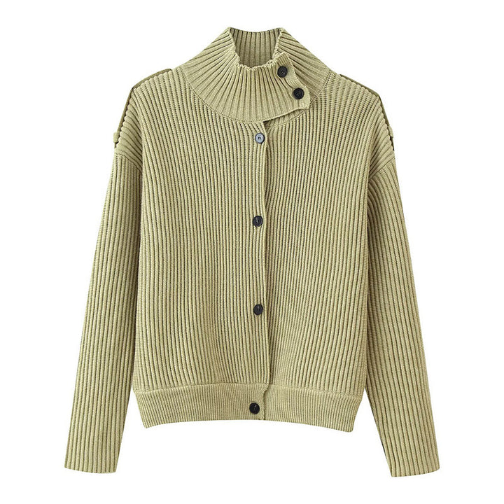 Women's Ribbed Knitted Cardigan with Stand-up Collar and Shoulder Button Detail Mune Fashion