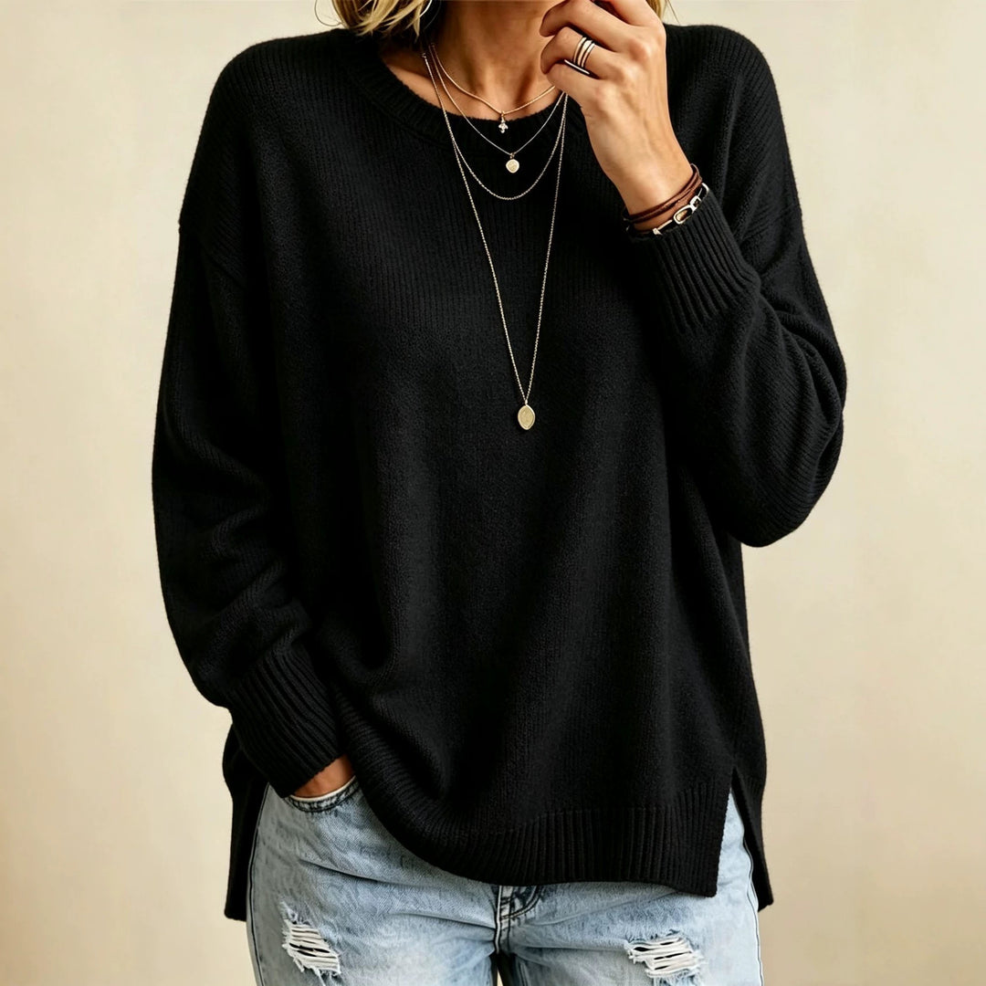 Women Loose Fit Round Neck Fine Knit Sweater with Side Slits and Ribbed Cuffs Mune Fashion