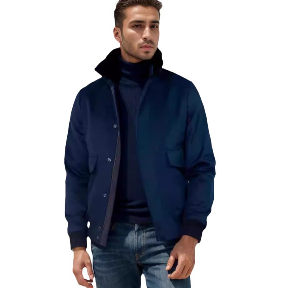 Men's bomber jacket with stand-up collar, snap button placket, and patch pockets Mune Fashion