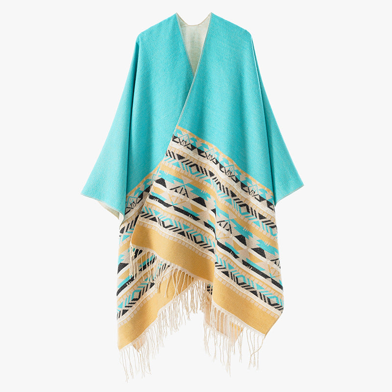 Women's Oversize Reversible Poncho made of Wool Blend with Ethno Jacquard and Fringe Hem Mune Fashion