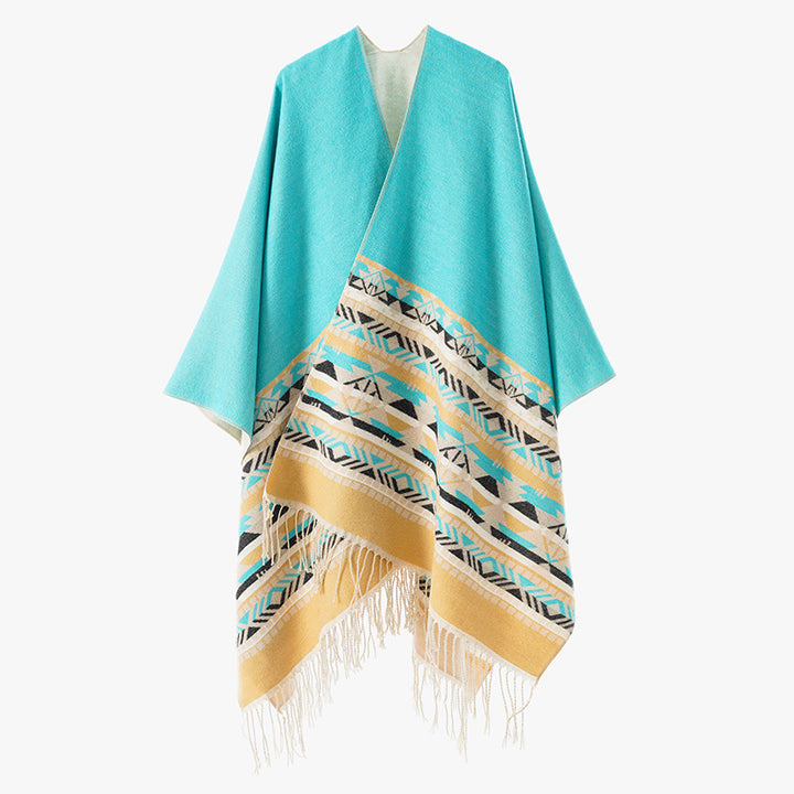 Women's Oversize Reversible Poncho made of Wool Blend with Ethno Jacquard and Fringe Hem Mune Fashion