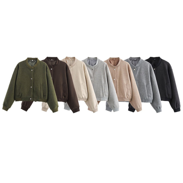 Women's Short Oversized College Jacket in Wool Blend with Snap Button Closure, Side Pockets and Ribbed Cuffs Mune Fashion