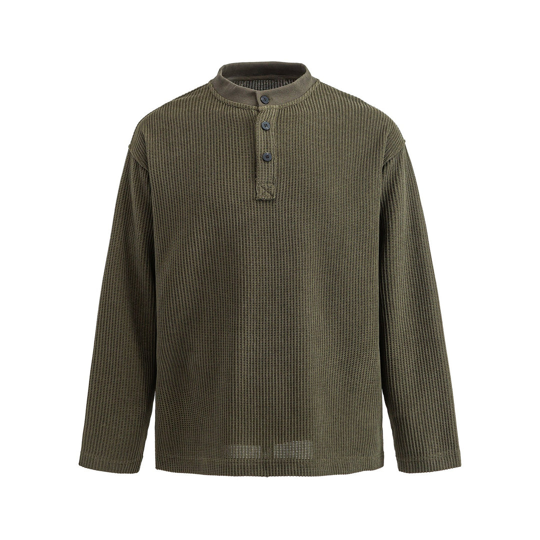 Men's Waffle Knit Henley with Stand Collar and Triple Button Placket Mune Fashion