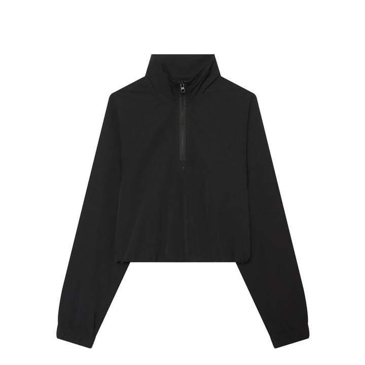 Women's Short Cut Windbreaker with Half Zipper, High Stand Collar and Drawstring