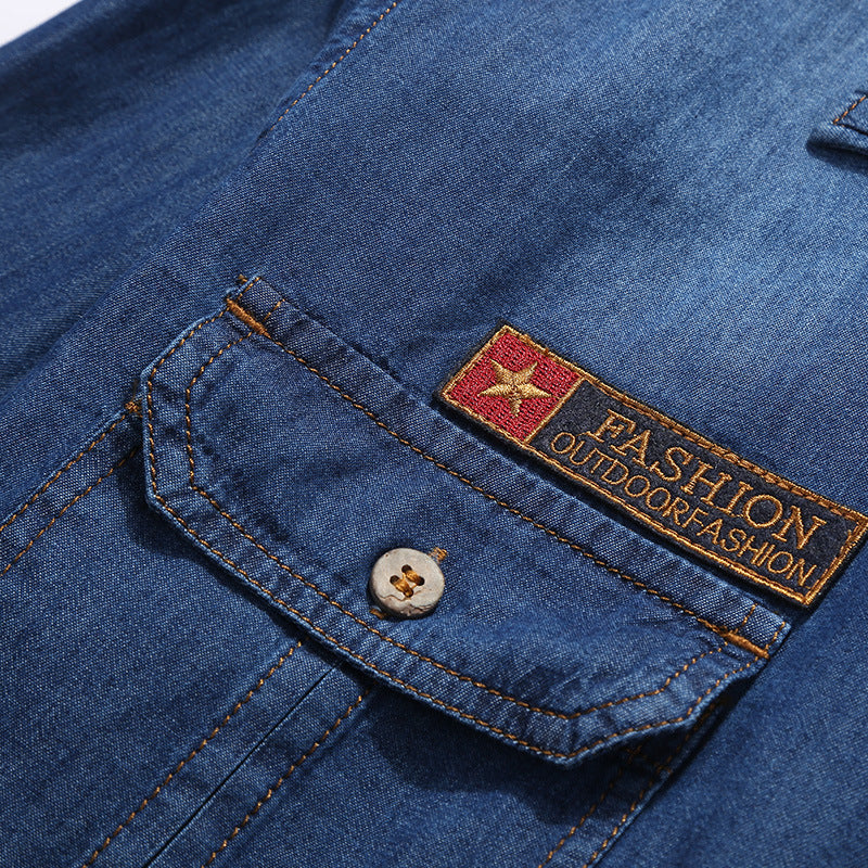Men's denim shirt in worker-trucker style with chest flap pockets Mune Fashion