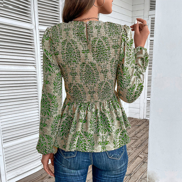 Women's smock blouse with gathering, balloon sleeves, and ornament print Mune Fashion