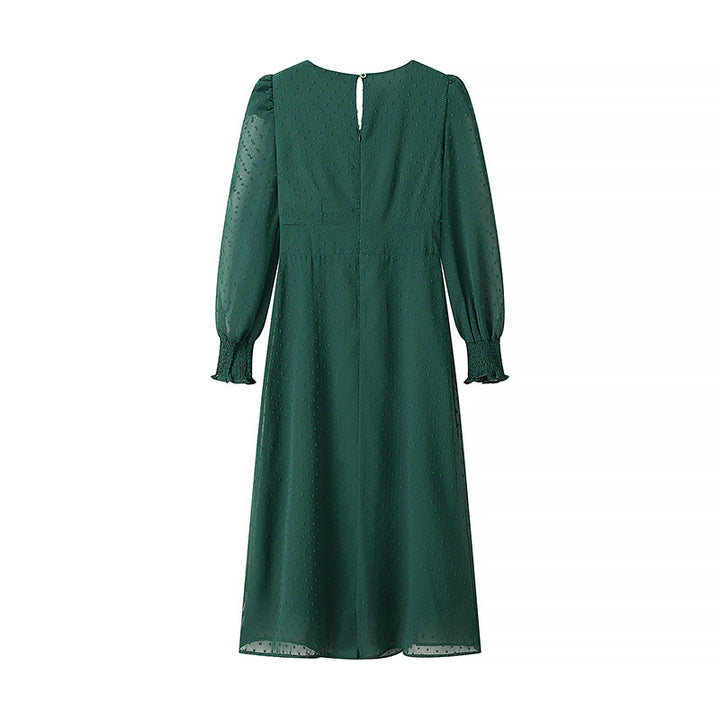 Women's gathered V-Neck midi dress with dot structure, smocked cuffs and side slit Mune Fashion