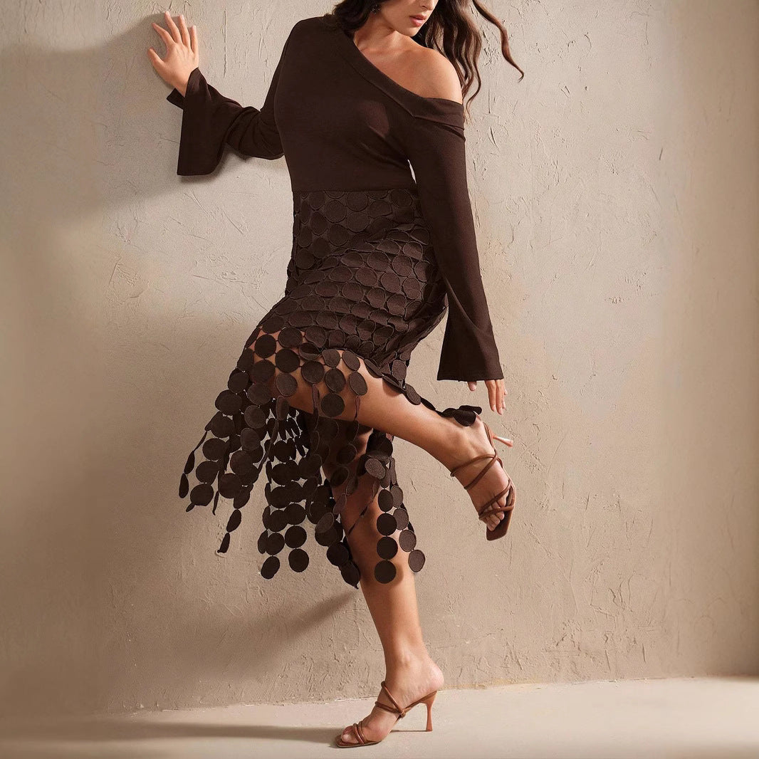 Women’s Asymmetrical Midi Dress with One Shoulder Top and Circle Appliqué Skirt Mune Fashion