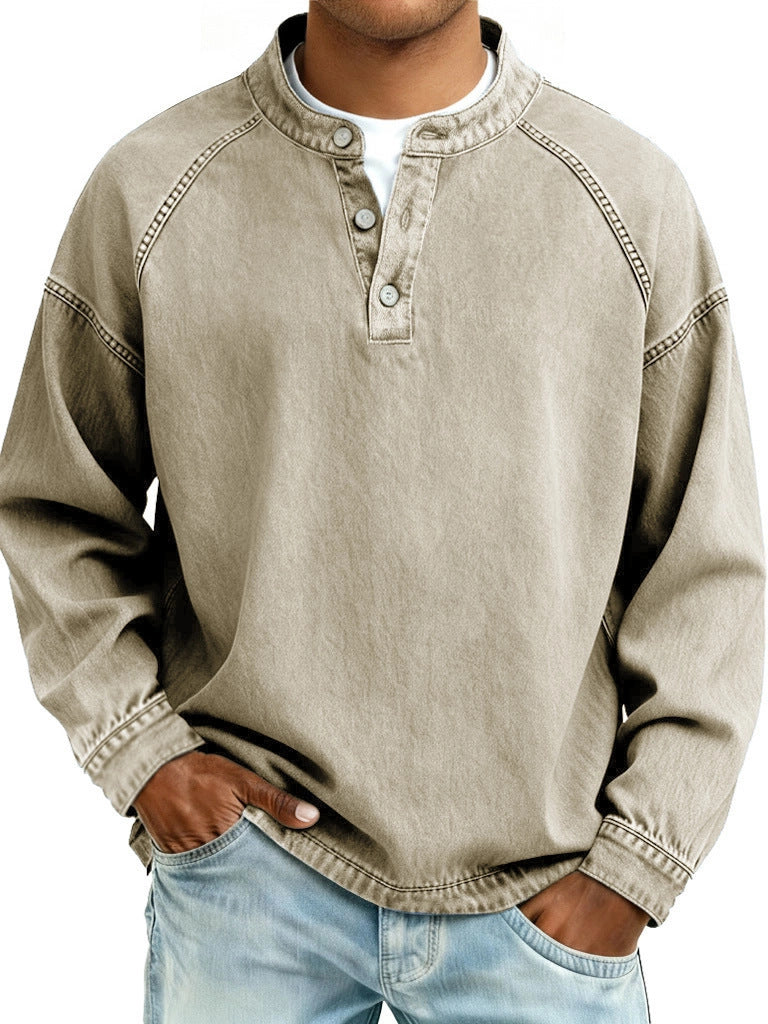 Men's faded Henley shirt with stand-up collar, loose fit and button placket Mune Fashion
