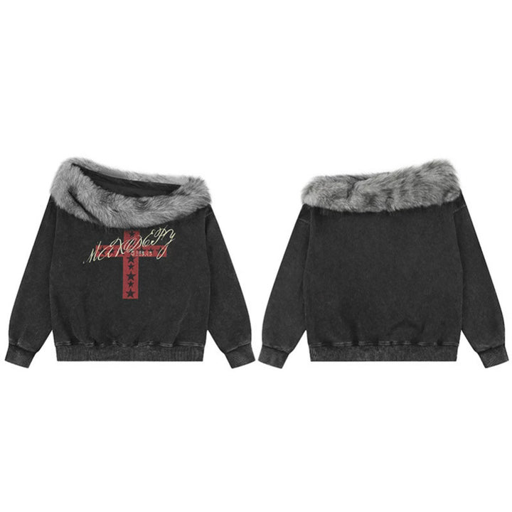 Women's Oversized Sweatshirt with Fur Collar, Vintage Wash and Cross Print Mune Fashion