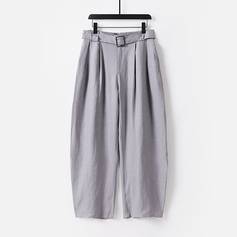 Women High-waisted wide linen blend pants with pleats and fabric belt Mune Fashion