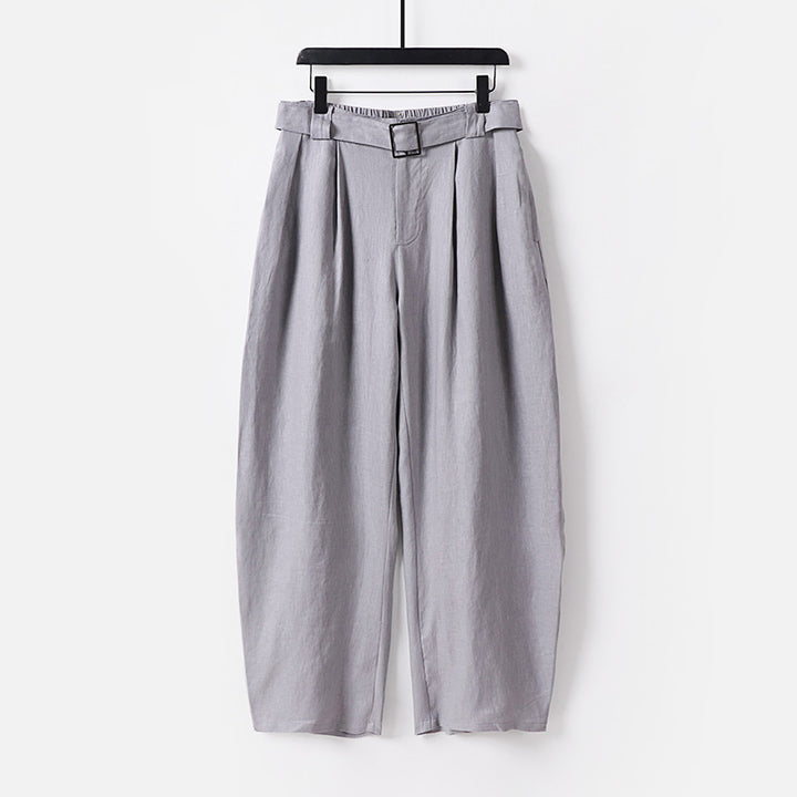 Women High-waisted wide linen blend pants with pleats and fabric belt Mune Fashion