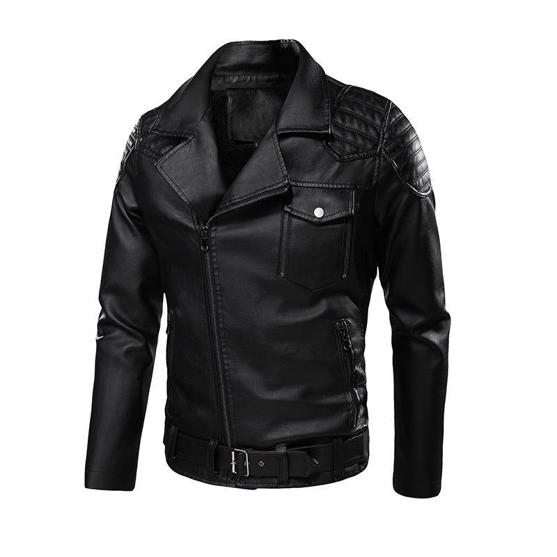 Men's faux leather biker jacket with shoulder quilting, asymmetric zipper, and adjustable belted waist Mune Fashion