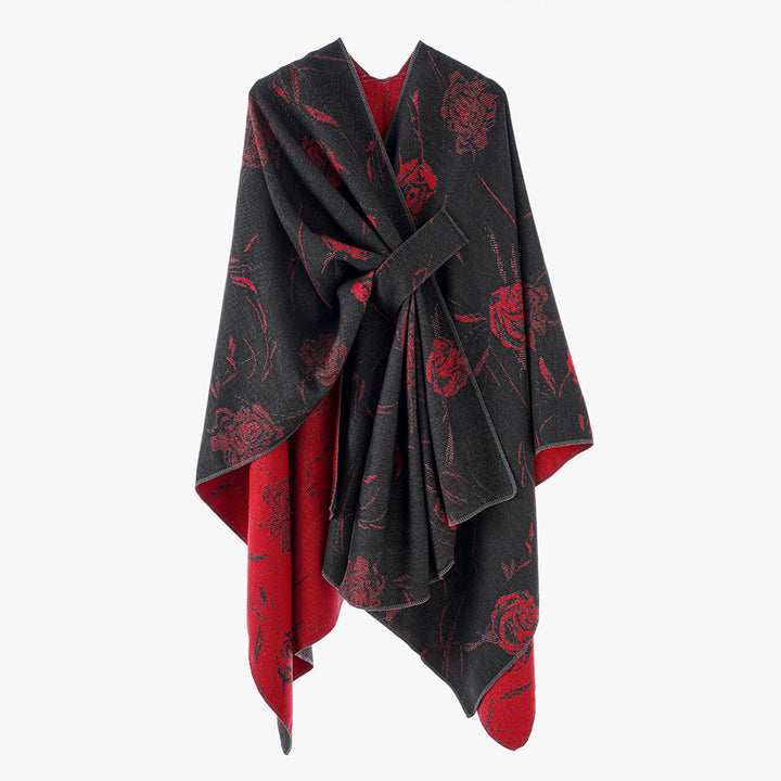 Ladies Reversible Jacquard Wrap with Rose Pattern and Tying Belt Mune Fashion