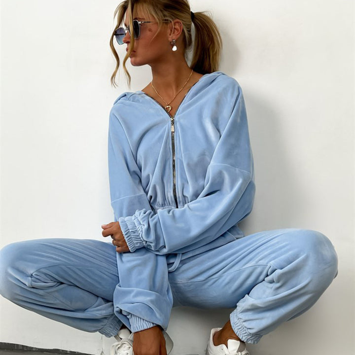 Women's Velour Half-Zip Hoodie with High-Cut Jogging Pants and Drawstring Waist Mune Fashion