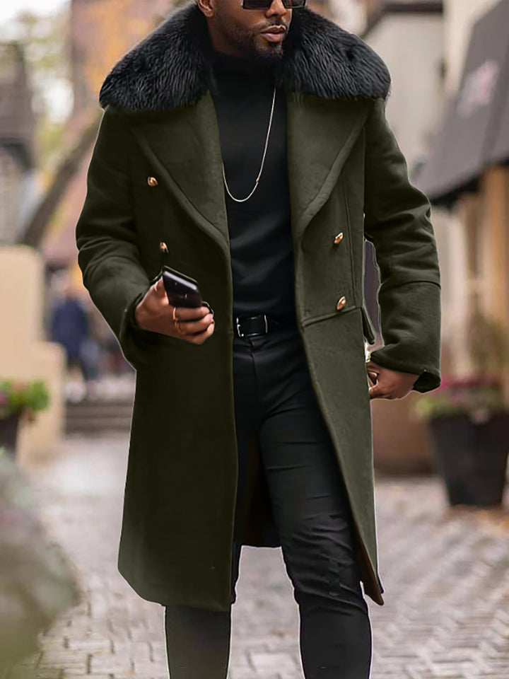 Men's Double-Breasted Wool Coat with Large Faux Fur Collar Mune Fashion