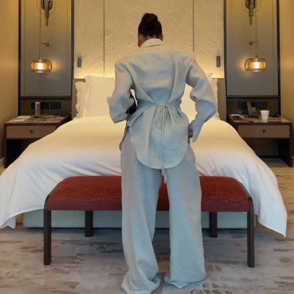 Women's Loose Linen Two-Piece with Boxy Shirt Blazer and Wide Palazzo Pants Mune Fashion