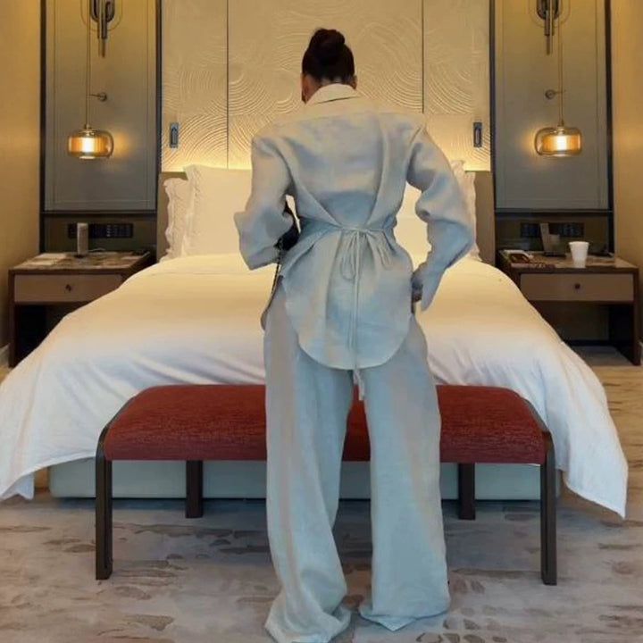 Women's Loose Linen Two-Piece with Boxy Shirt Blazer and Wide Palazzo Pants Mune Fashion