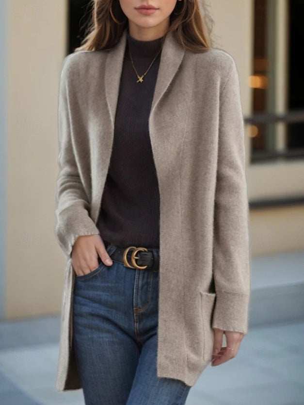 Women's Open Long Cardigan made of Soft Knit with Applied Pockets Drune